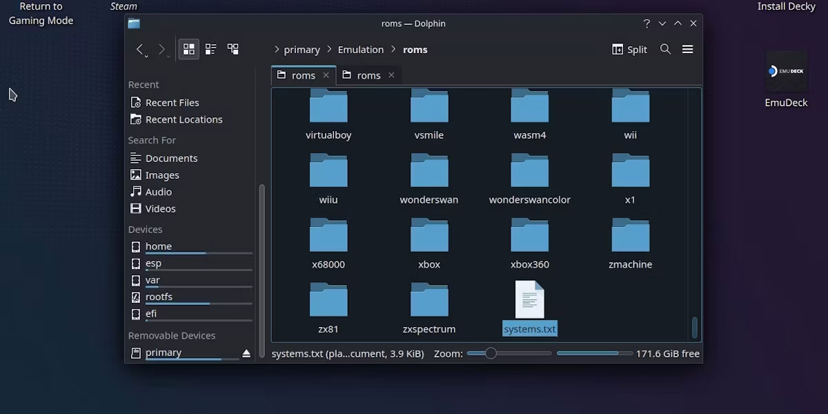 Thư mục EmuDeck hiển thị system.txt