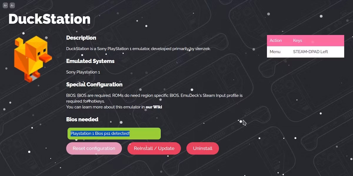 EmuDeck DuckStation cho thấy cần có file BIOS