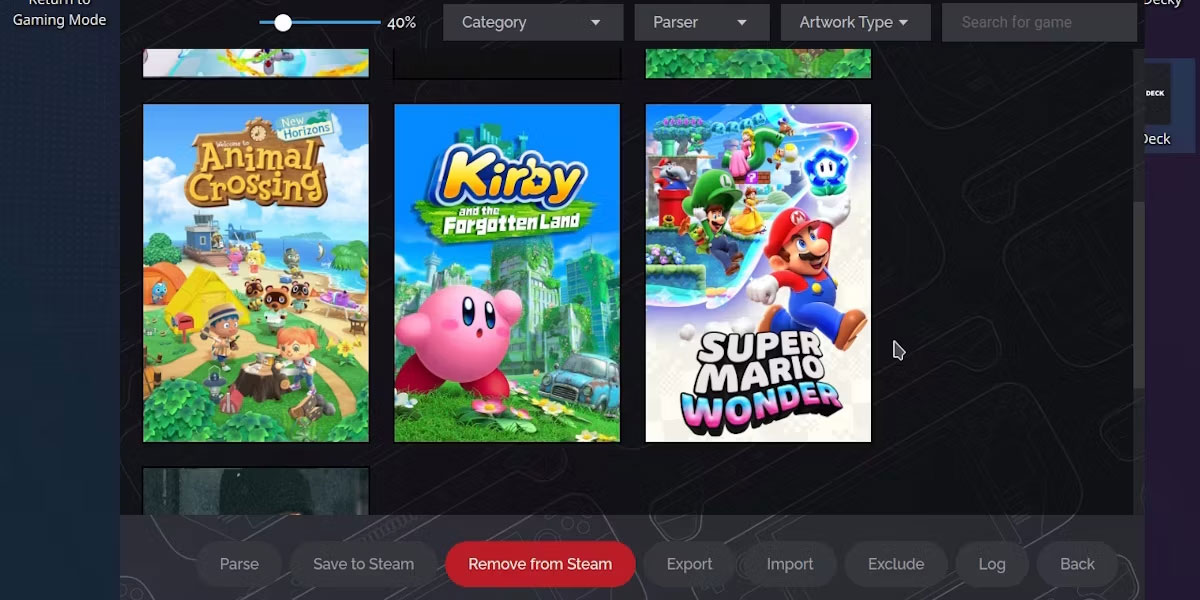 Trình quản lý Steam ROMS của EmuDeck hiển thị một số game Switch