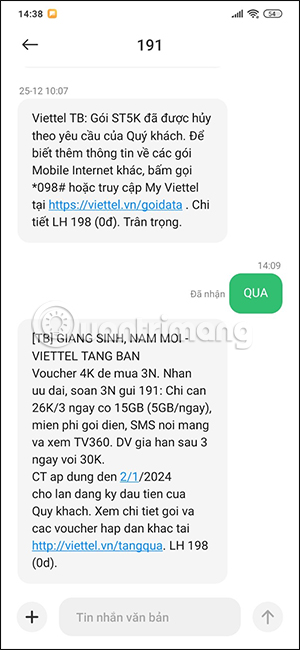 Information on receiving Viettel vouchers