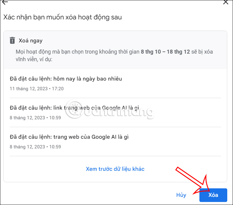 Khoảng ngày cần xóa lịch sử Google Bard
