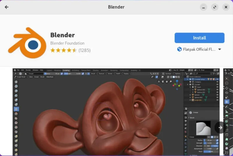 Trang Blender Flatpak Store trong Nobara Linux.