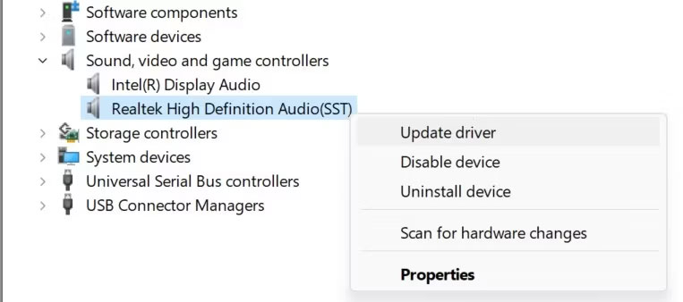 Cập nhật driver âm thanh trong Device Manager trên Windows