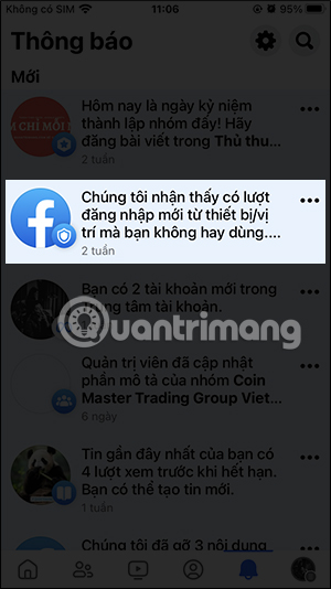 Thông báo đăng nhập Facebook
