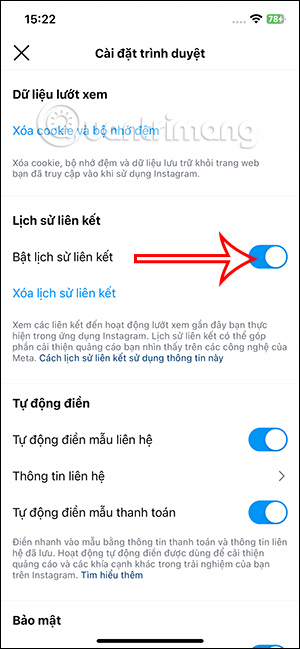 Tắt lịch sử truy cập link trên Instagram