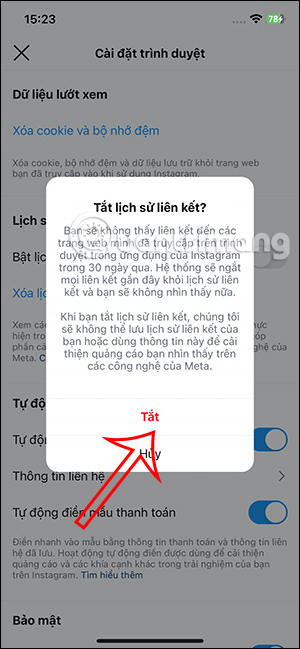Đồng ý tắt lịch sử truy cập link trên Instagram