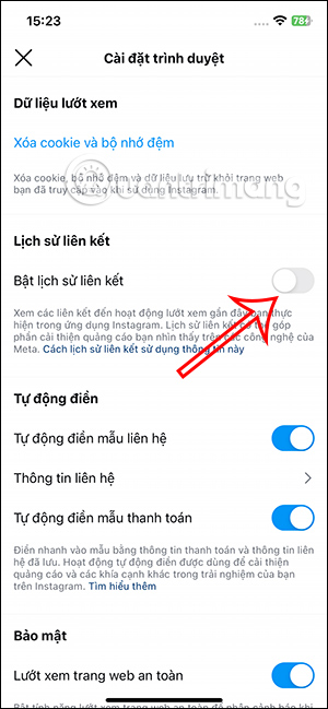 Hủy lịch sử truy cập link trên Instagram