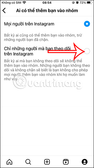 Chỉnh chế độ thêm vào nhóm Instagram