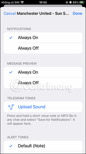 Chỉnh âm thanh thông báo kênh Telegram