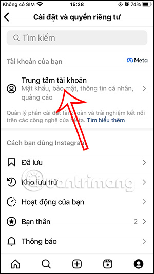 Trung tâm tài khoản Instagram