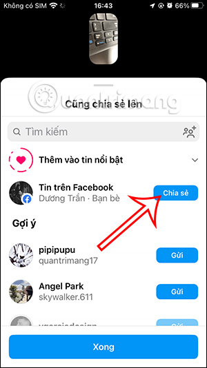 Chọn đăng tin Instagram lên Facebook