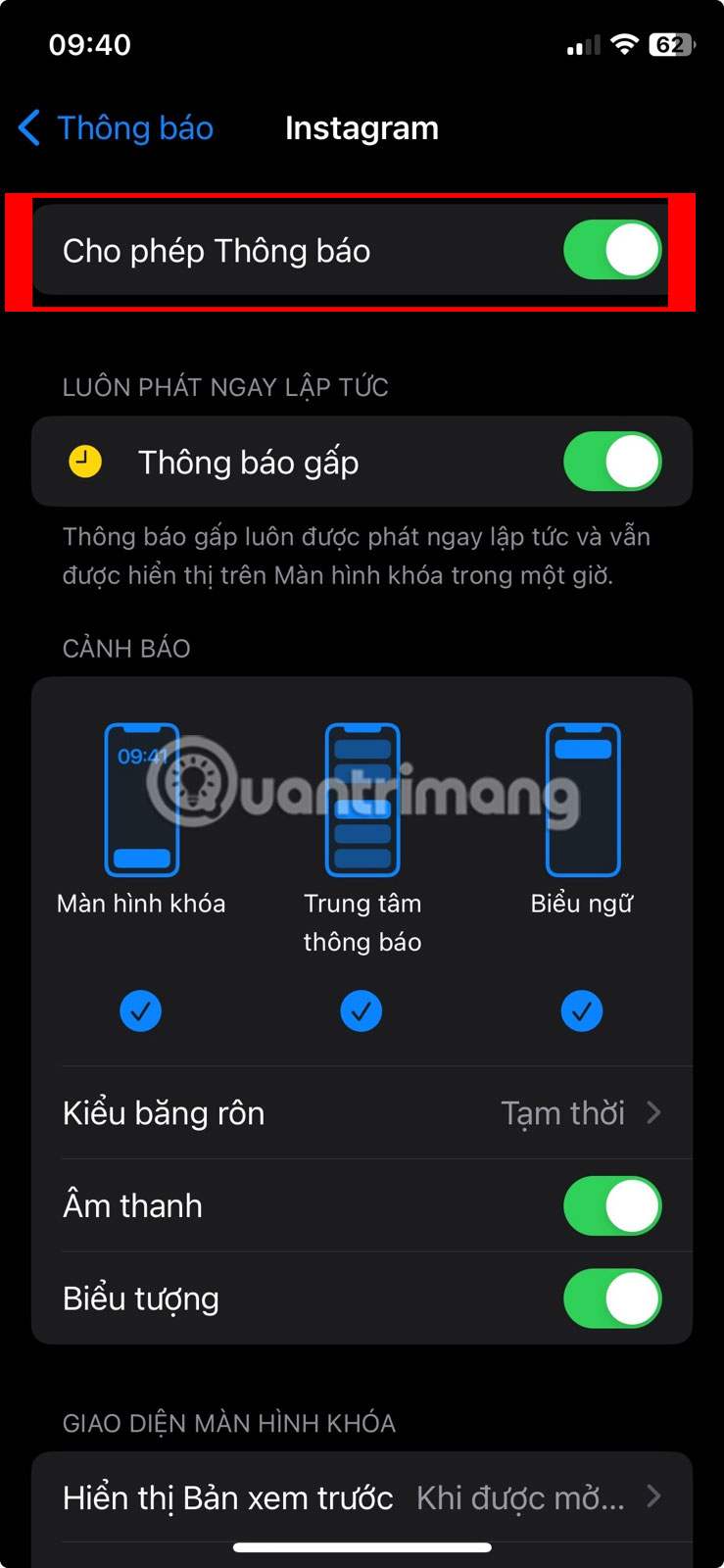 Bật công tắc Cho phép thông báo