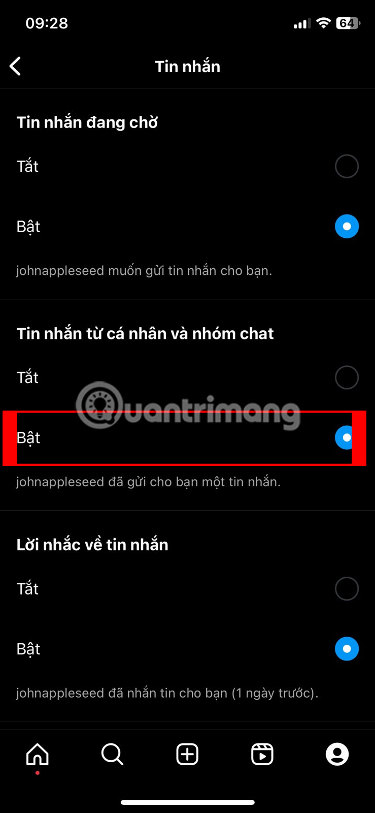 Chọn Bật bên dưới tiêu đề Tin nhắn từ cá nhân và nhóm chat