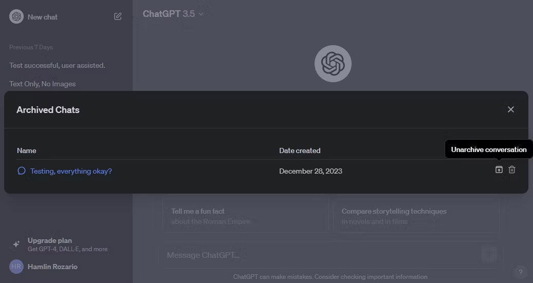 Hủy lưu trữ cuộc trò chuyện trong ChatGPT web
