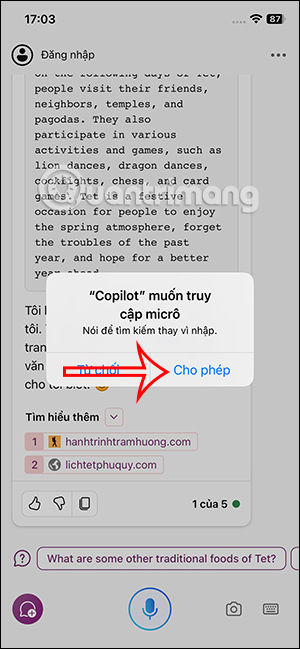 Copilot dùng micro trên thiết bị