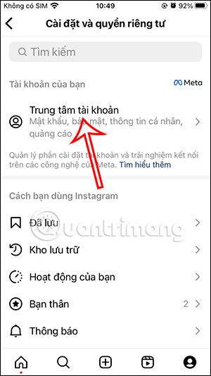 Trung tâm tài khoản Instagram