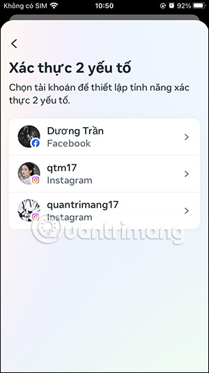 Chọn tài khoản Instagram lấy mã dự phòng