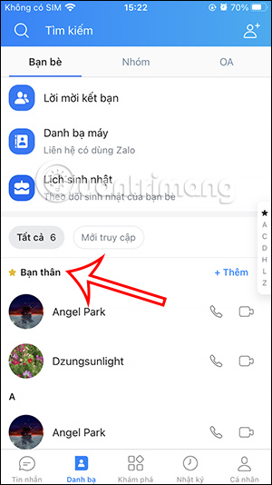 Danh sách bạn thân Zalo