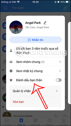 Tùy chọn bạn thân Zalo