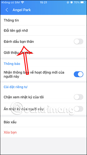 Tùy chọn tài khoản Zalo
