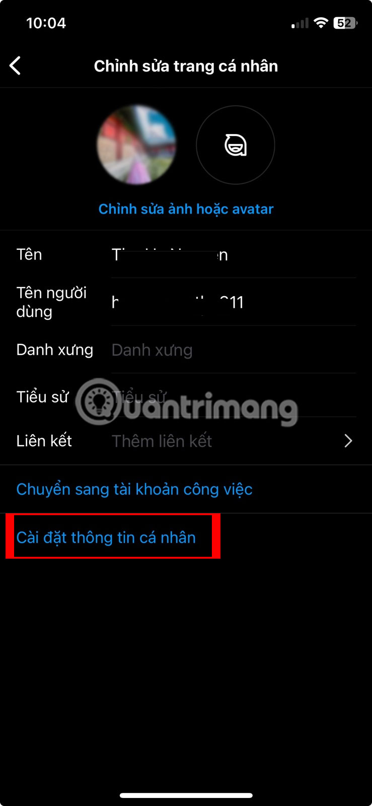 Vào phần Cài đặt thông tin cá nhân