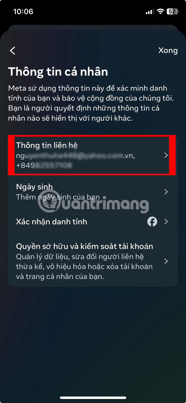 Chọn Thông tin liên hệ