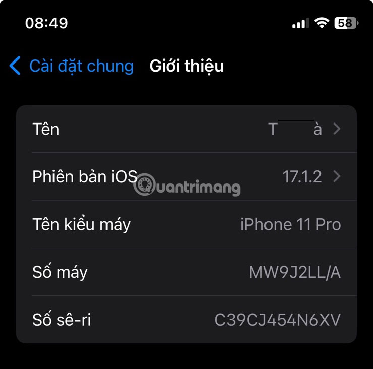 Phần Giới thiệu trong ứng dụng Cài đặt