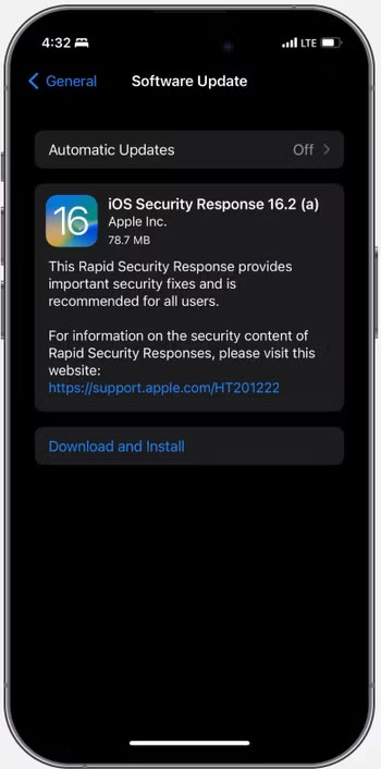 Bản cập nhật Security Response iOS có sẵn trên trang Cập nhật phần mềm