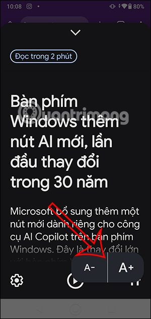 Chỉnh kích thước văn bản chế độ Reading Mode