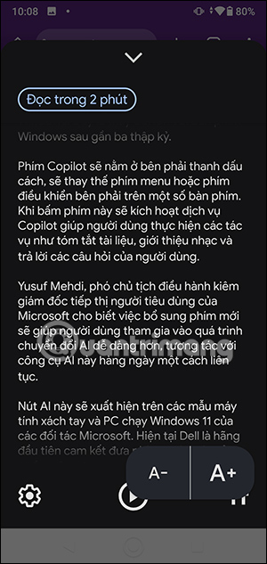 Thay đổi kích thước văn bản chế độ Reading Mode