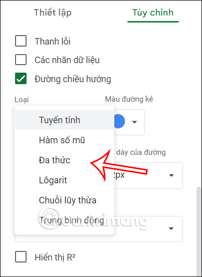 Đổi kiểu hiển thị Trendline Google Sheets