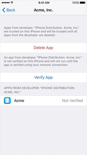 Application has not verified on iPhone 