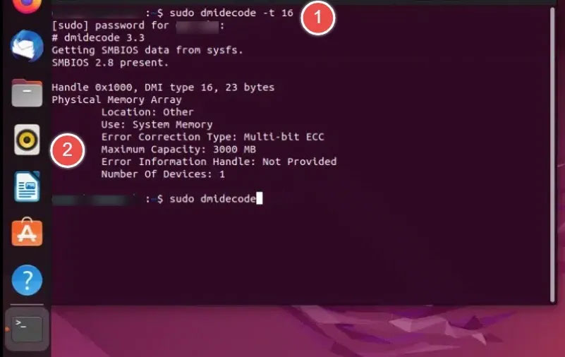 Dung lượng bộ nhớ tối đa của máy Ubuntu sử dụng lệnh dmidecode trong Terminal.