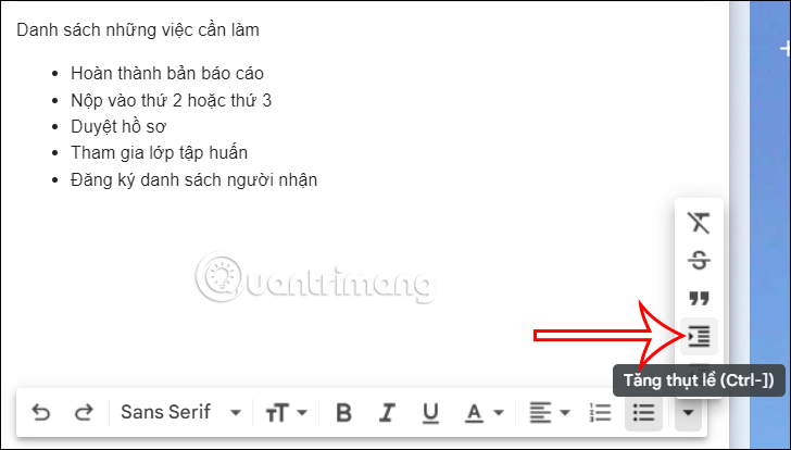 Tạo thụt lề danh sách trong Gmail 