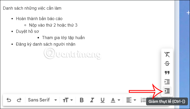 Biểu tượng giảm thụt lề danh sách trong Gmail 