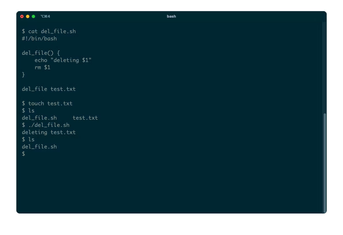 Terminal hiển thị Bash script đang xóa một file