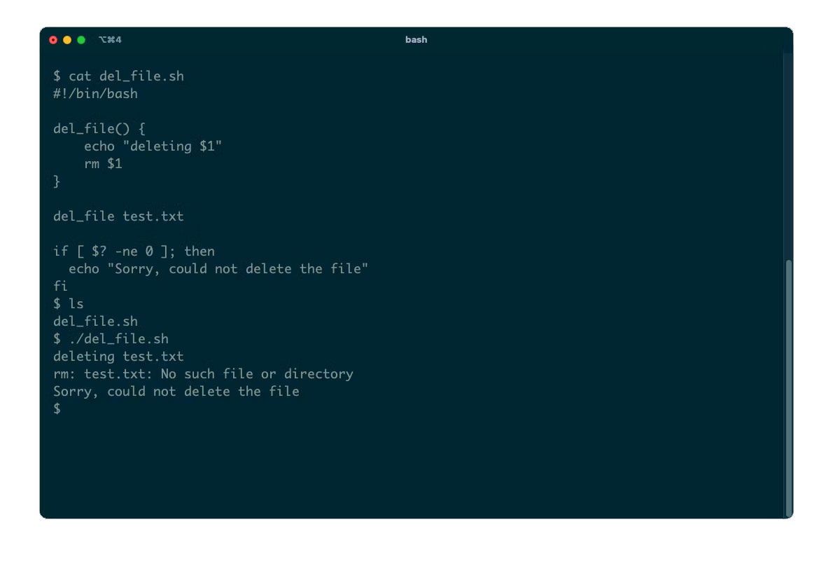 Terminal hiển thị Bash script đang cố xóa một file nhưng lại tạo ra lỗi