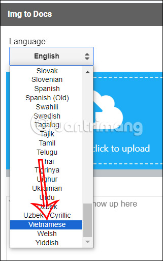 Chọn tiếng Việt trong ảnh Google Docs