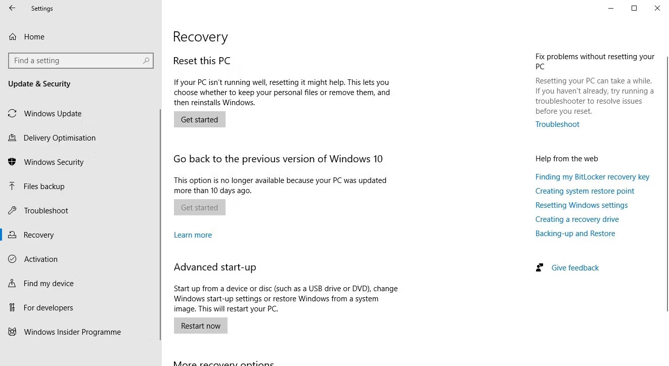 Tùy chọn khôi phục và reset Windows 10