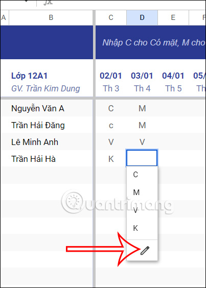 Ký hiệu điểm danh Google Sheets