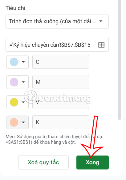 Lựa chọn màu sắc cho ký hiệu điểm danh Google Sheets