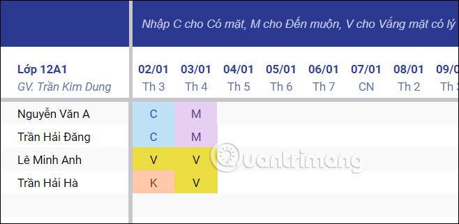 Bảng điểm danh Google Sheets