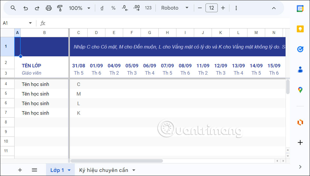 Giao diện bảng điểm danh trên Google Sheets