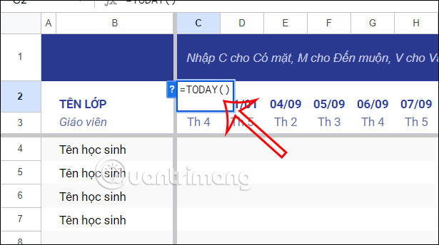 Chèn ngày hiện tại bảng điểm danh Google Sheets