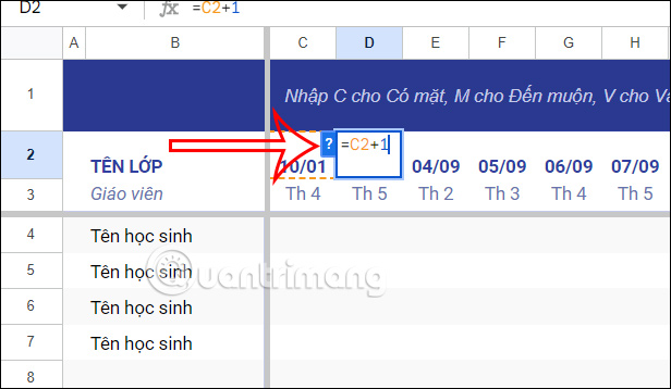 Chèn ngày bảng điểm danh Google Sheets