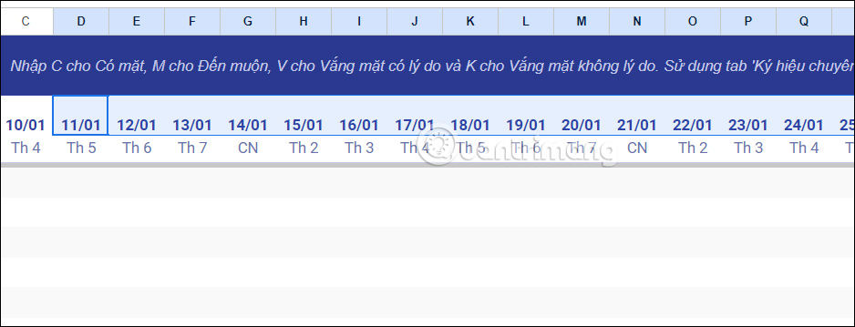 Điền lịch bảng điểm danh Google Sheets