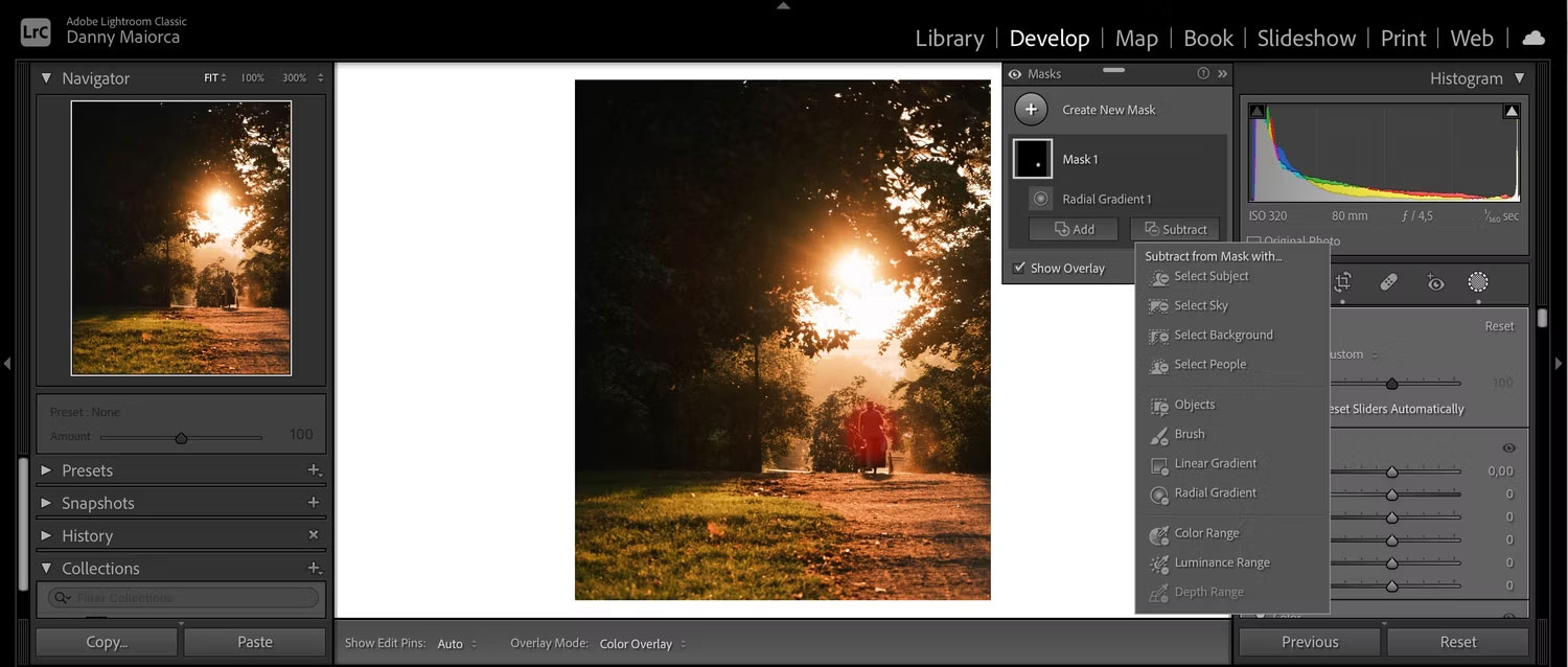 Chọn Brush để tinh chỉnh bộ lọc Radial Gradient trong Lightroom