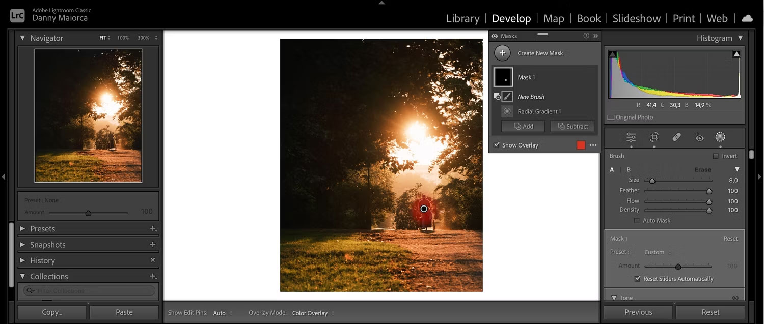 Di chuyển cọ qua các phần khác nhau trong Lightroom