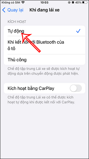 Mở chế độ lái xe trên iPhone tự động