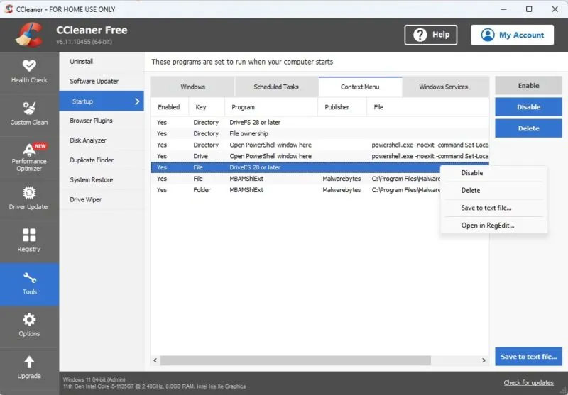 Chỉnh sửa menu ngữ cảnh trong CCleaner.